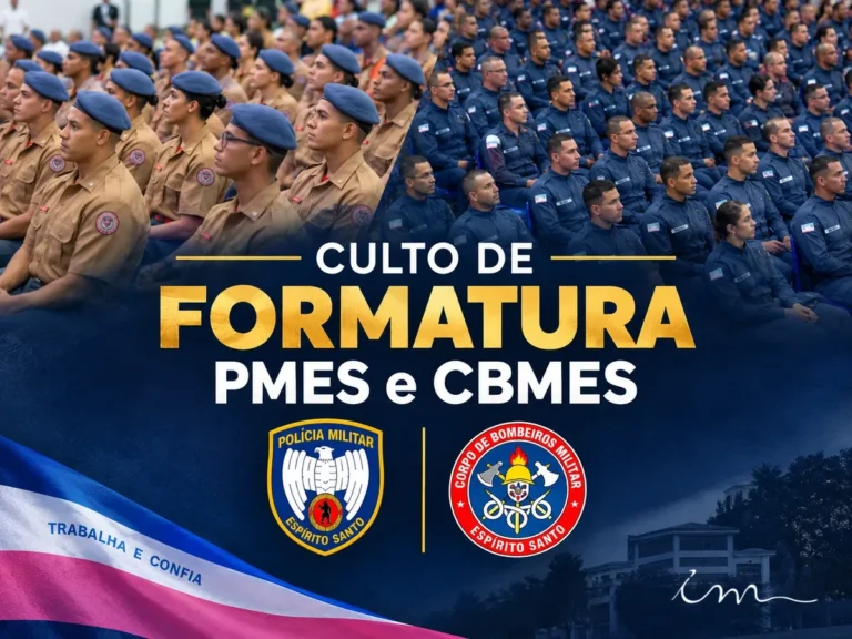 Arte do Culto de Formatura da PMES e do CBMES com soldados fardados e os brasões da Polícia Militar e do Corpo de Bombeiros Militar do Espírito Santo